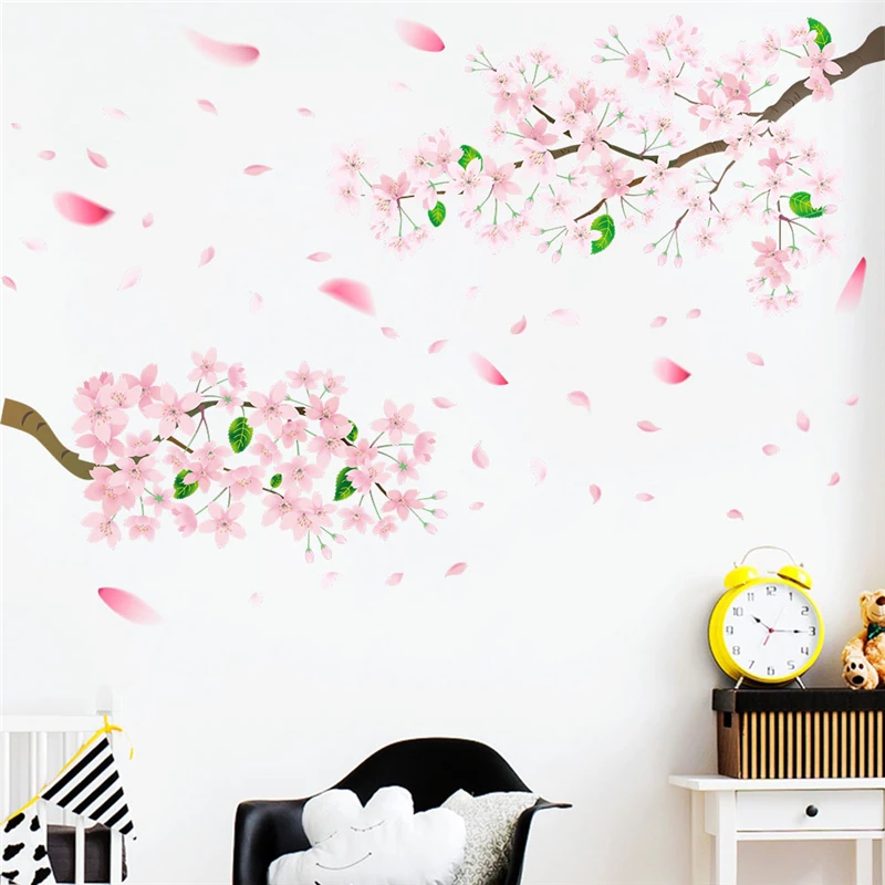 Blooming Pink Sakura Tree Wall Stickers For Office Store Studio Home Decoration Diy Plant Mural Art Pvc Decals Pastoral Posters