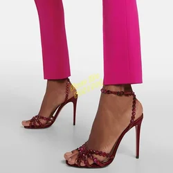 Burgundy Open Toe Stiletto Sandals Heels Ankle Strap Rhinestone Corss Strap Crystal Fashion 2024 Summer Women Dress Sandals