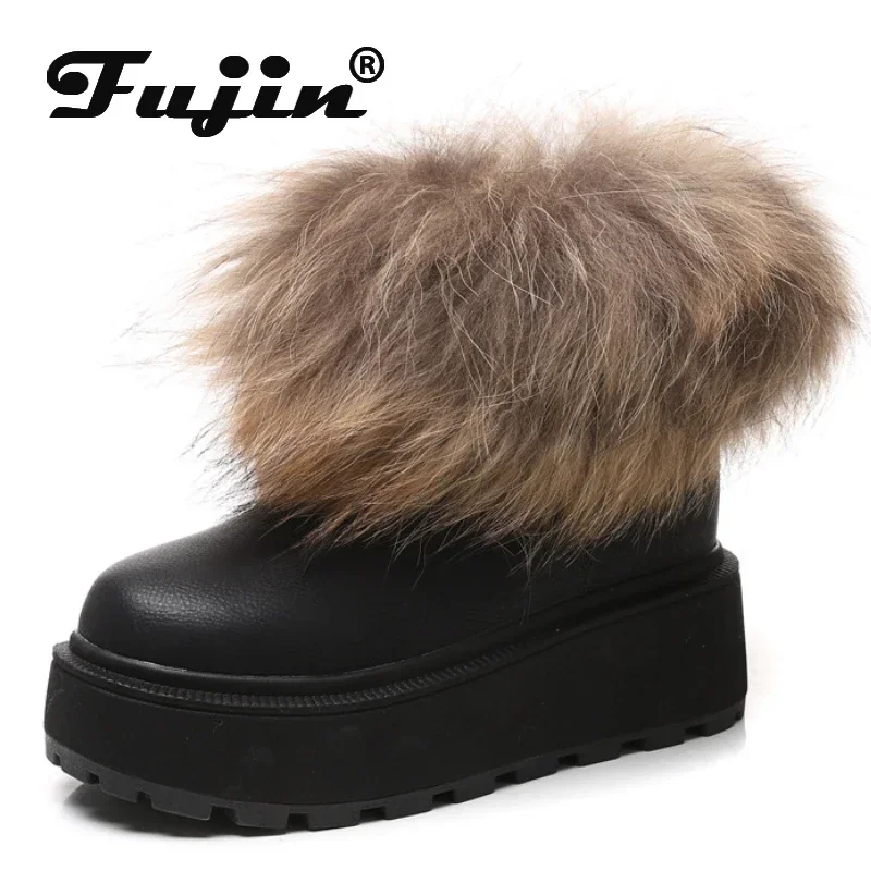 Fujin 8cm Synthetic Leather Boots Spring Autumn Moccasins Winter Plush Platform Wedge Chimney Fashion Ankle Booties Women Shoes