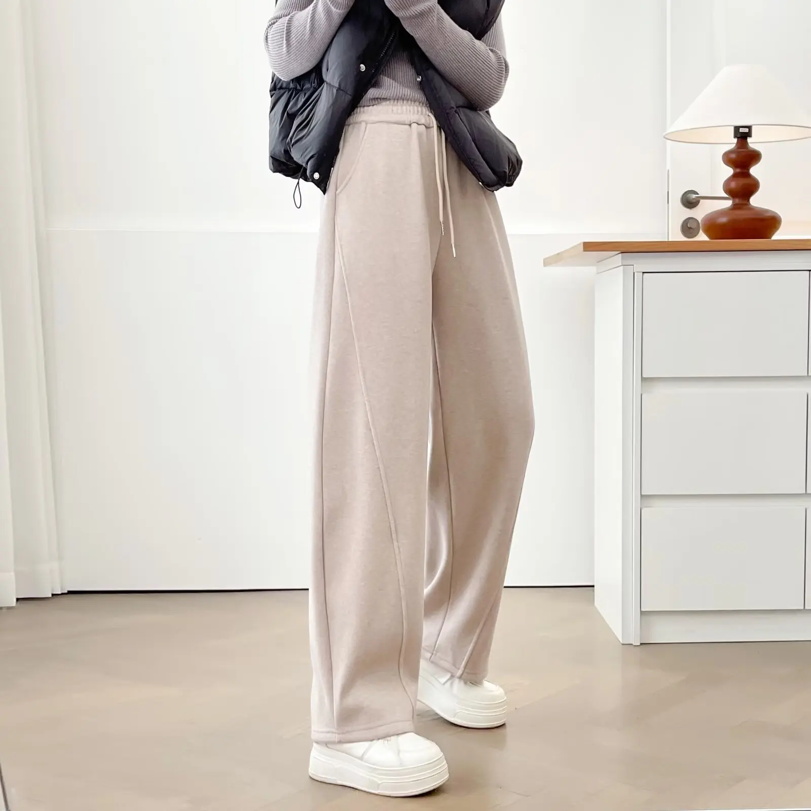 

XXXXL модные женские прямые брюки больших размеров, повседневные зимние стильные простые флисовые утолщенные изогнутые широкие брюки 2865