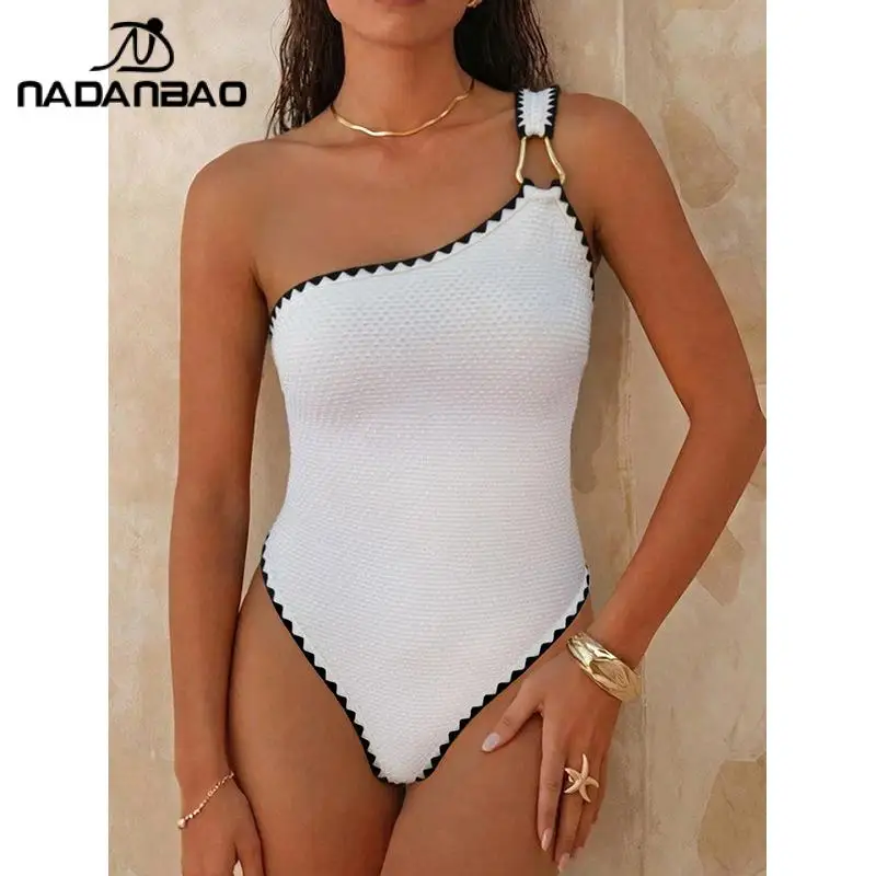 Nadanbao White Asymmetric One-Shoulder Swimsuit Black Wavy Trim Women Swimwear Triangle Slim Bodysuit Fashion Beach Bathing Suit