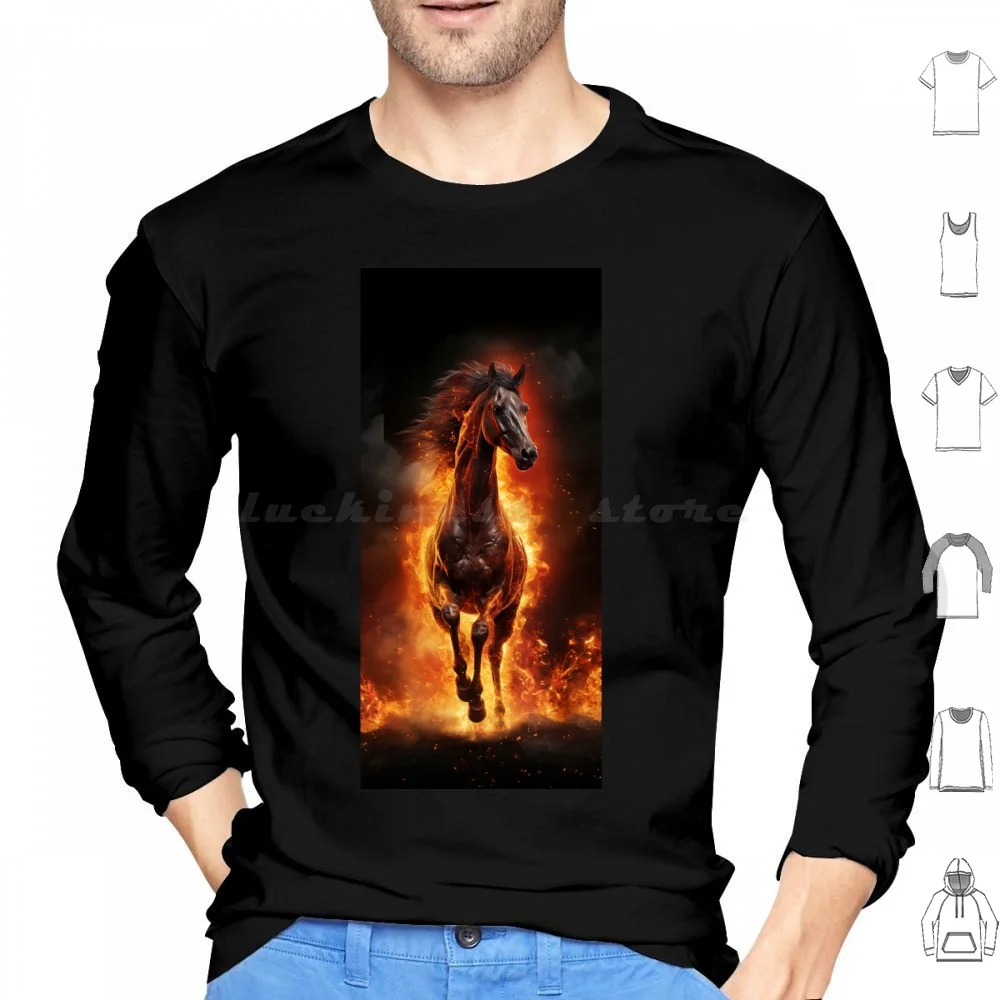 Horse With Fire Flames Hoodies Long Sleeve Horse Fire Horse Lover Cool Fantasy Stallion Fire Horse Unicorn Funny Red