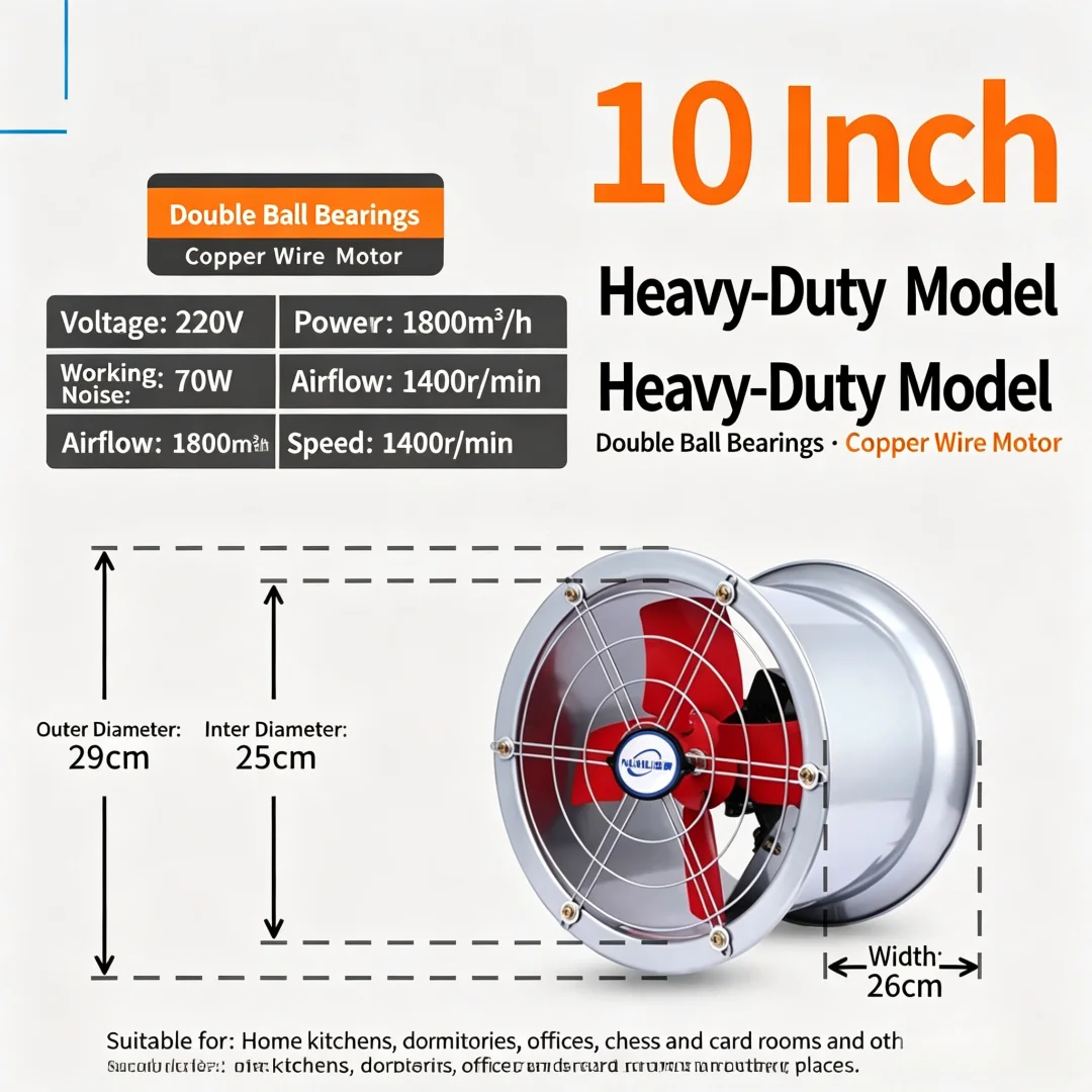 Powerful Axial Duct Exhaust Fan, Cylinder Tube High Speed Air Ventilator, Commercial & Home Kitchen Oil Fume Extraction Ventilat