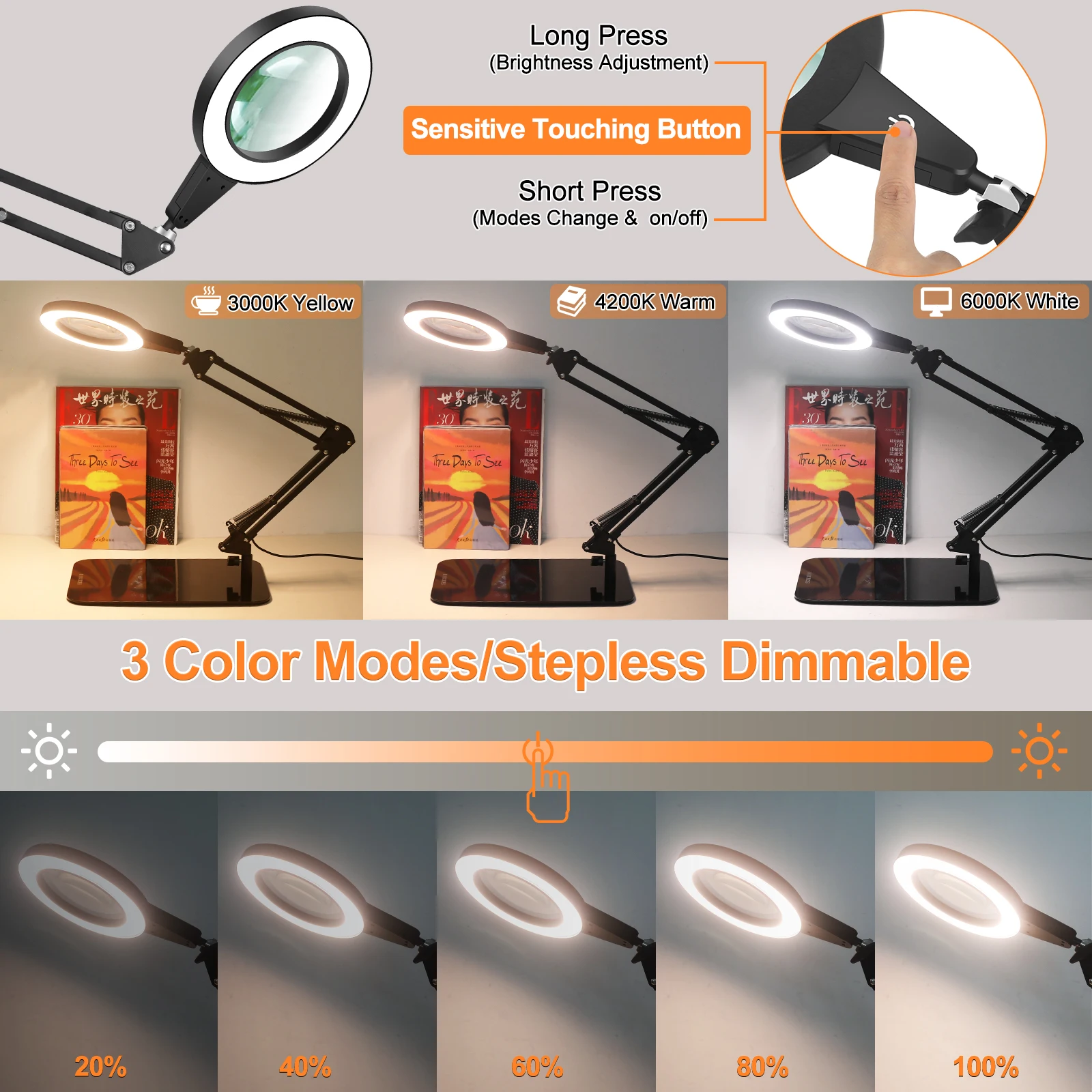 Touch Control Magnifying Glass with Light and Stand 5X Real Glass Magnifying Desk Lamp 3 Color Modes Stepless Dimmable LED Light