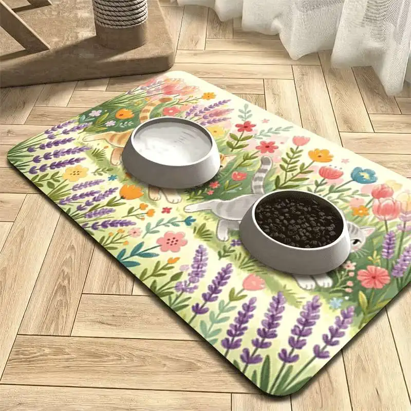 Cute Cat Garden Mat with Pet Bowl Station for Entryway or Hallway Decor