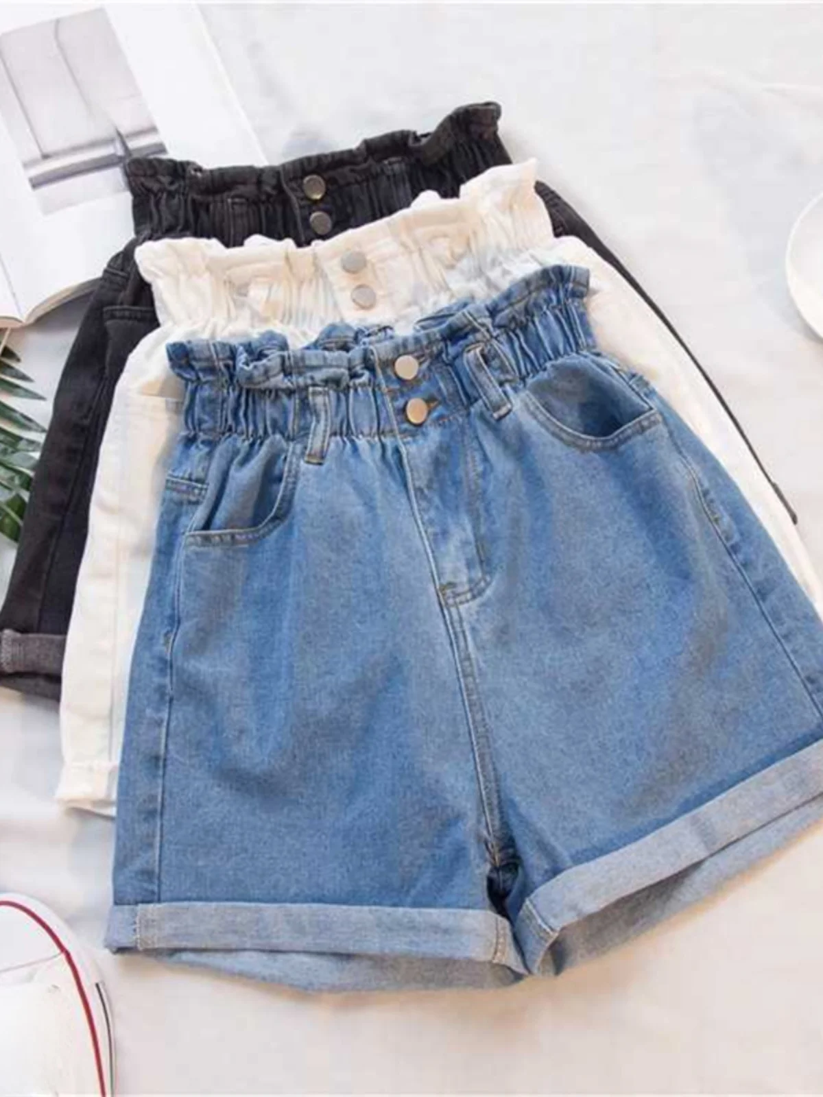 

High Waist A-Line Denim Shorts Women's Summer Thin Wide Leg Jeans Elastic Waist Slimming MM plus Size Ladies' Casual Pants