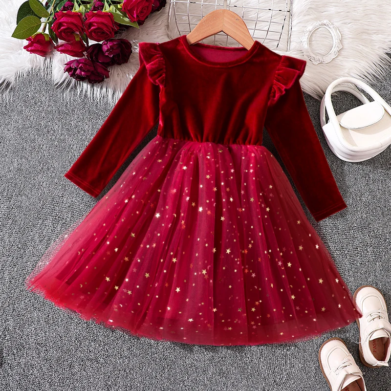 Red Christmas Costume for Kids GIrls Sequin Princess Birthday Dress for Long Sleeves Autumn Winter Dress New Year Party Clothes