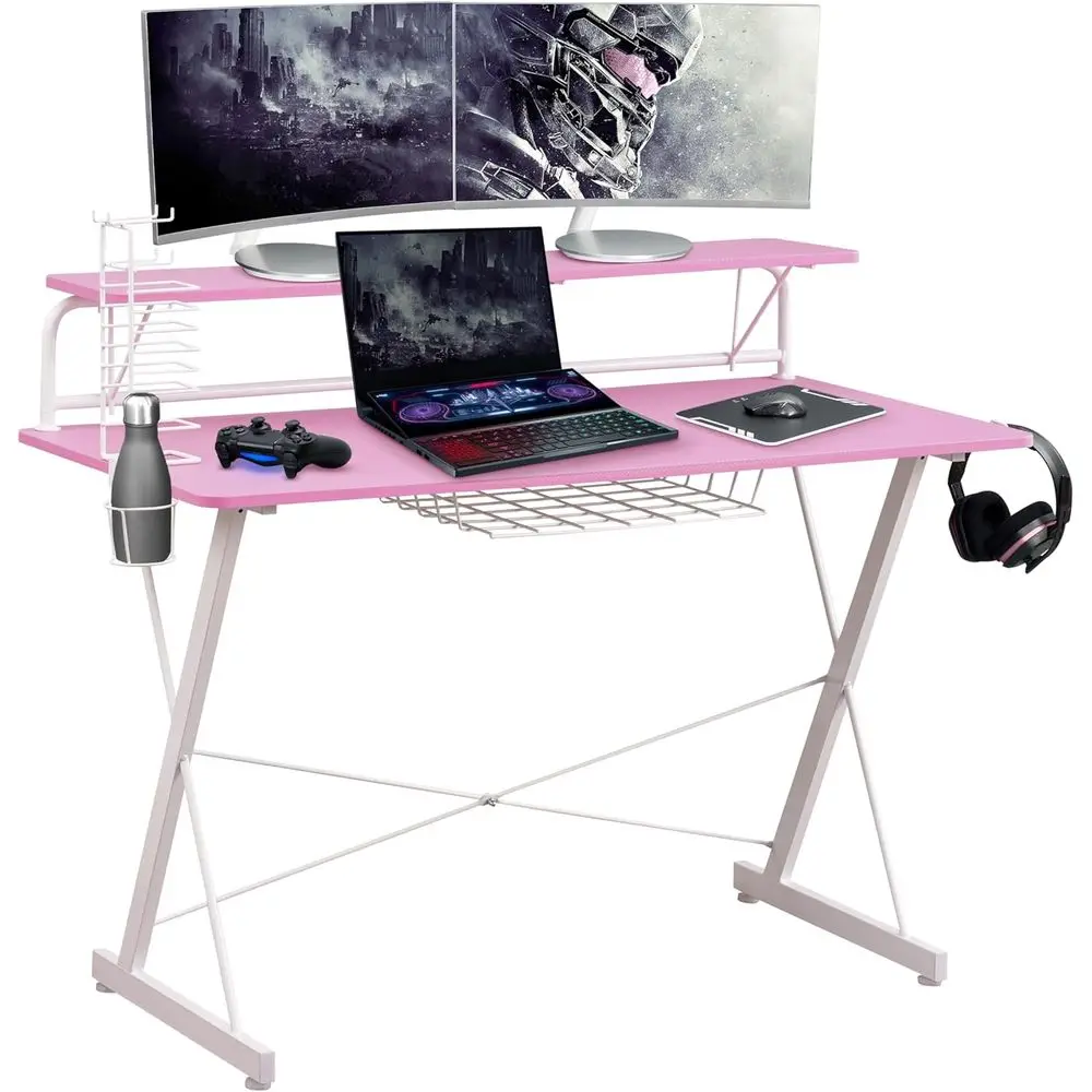 Elevated Monitor Stand Gaming Desk with CD Rack, Cup Holder, and Storage for Complete Setup