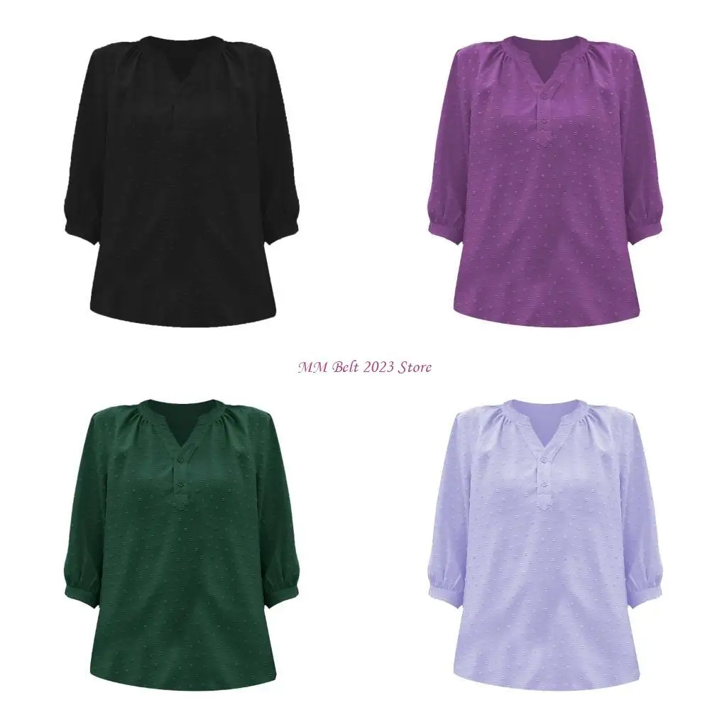 

49ME Women's Casual 3/4 Sleeve Henley V-Neck Button Up Pleated Back Blouses Dot Blouse Tops T-Shirts
