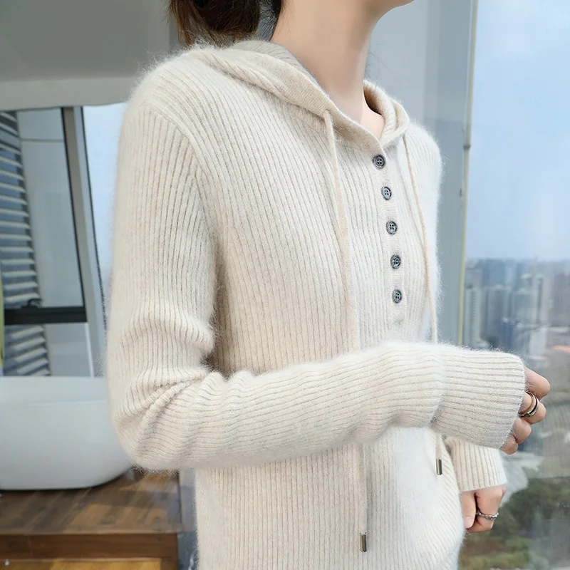 Autumn and Winter New Cashmere Hooded Hoodie Knit Sweater Women\'s Solid Long Sleeve Loose Semi-Open Collar Cashmere Sweater Top