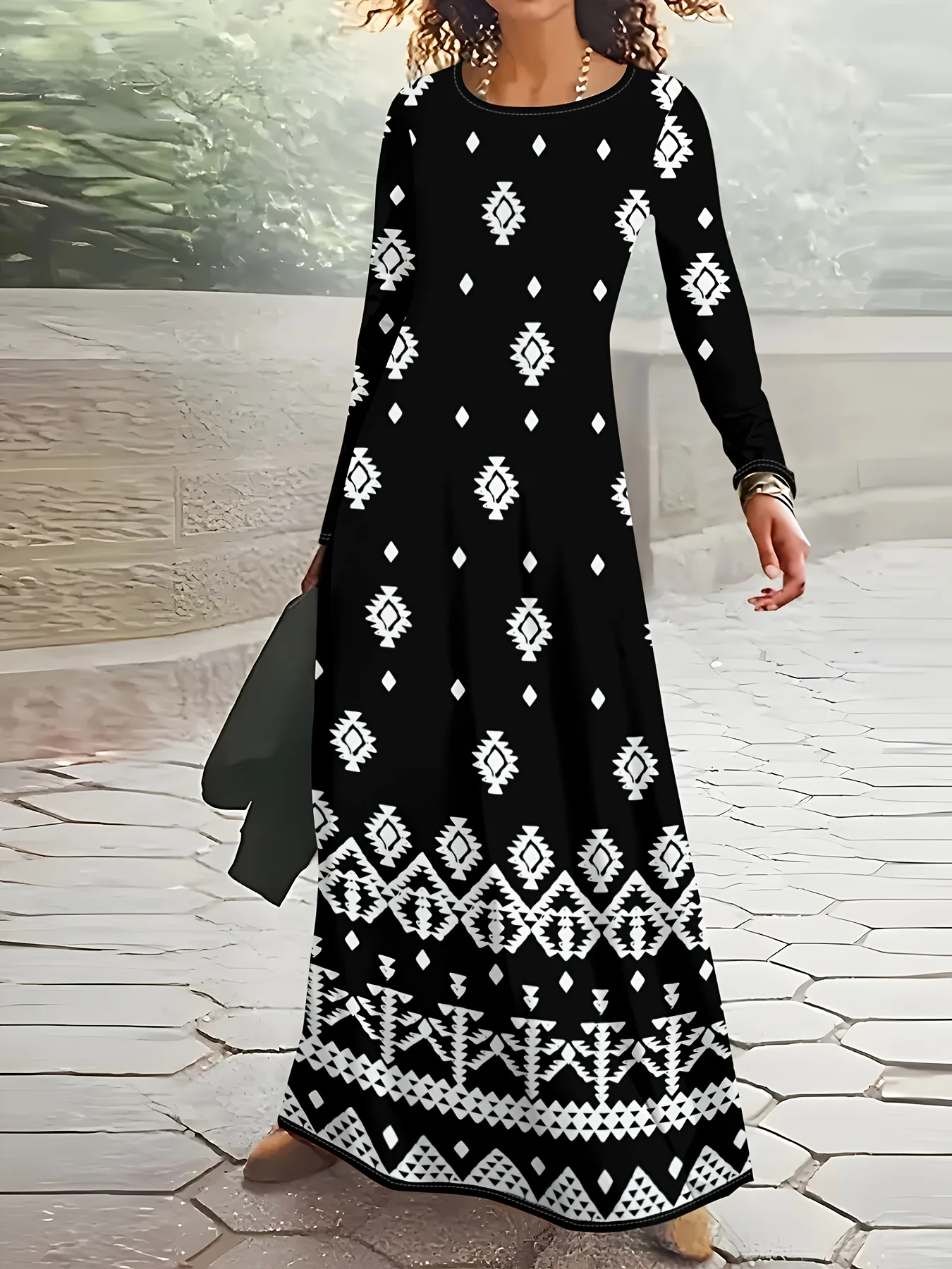 Lässiges, langärmliges Kleid mit Rundhalsausschnitt für Damen, A-Linien-Midikleid mit geometrischem Tribal-Print, Herbst-Winter-Mode, Alltagskleidung