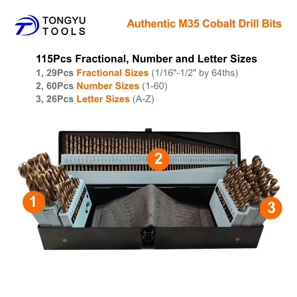 

Набор сверл из кобальта M35, 115 шт., с фракционными номерами и буквами, для нержавеющей стали и твердых металлов, а также доступны наборы из 26/60/29 шт.