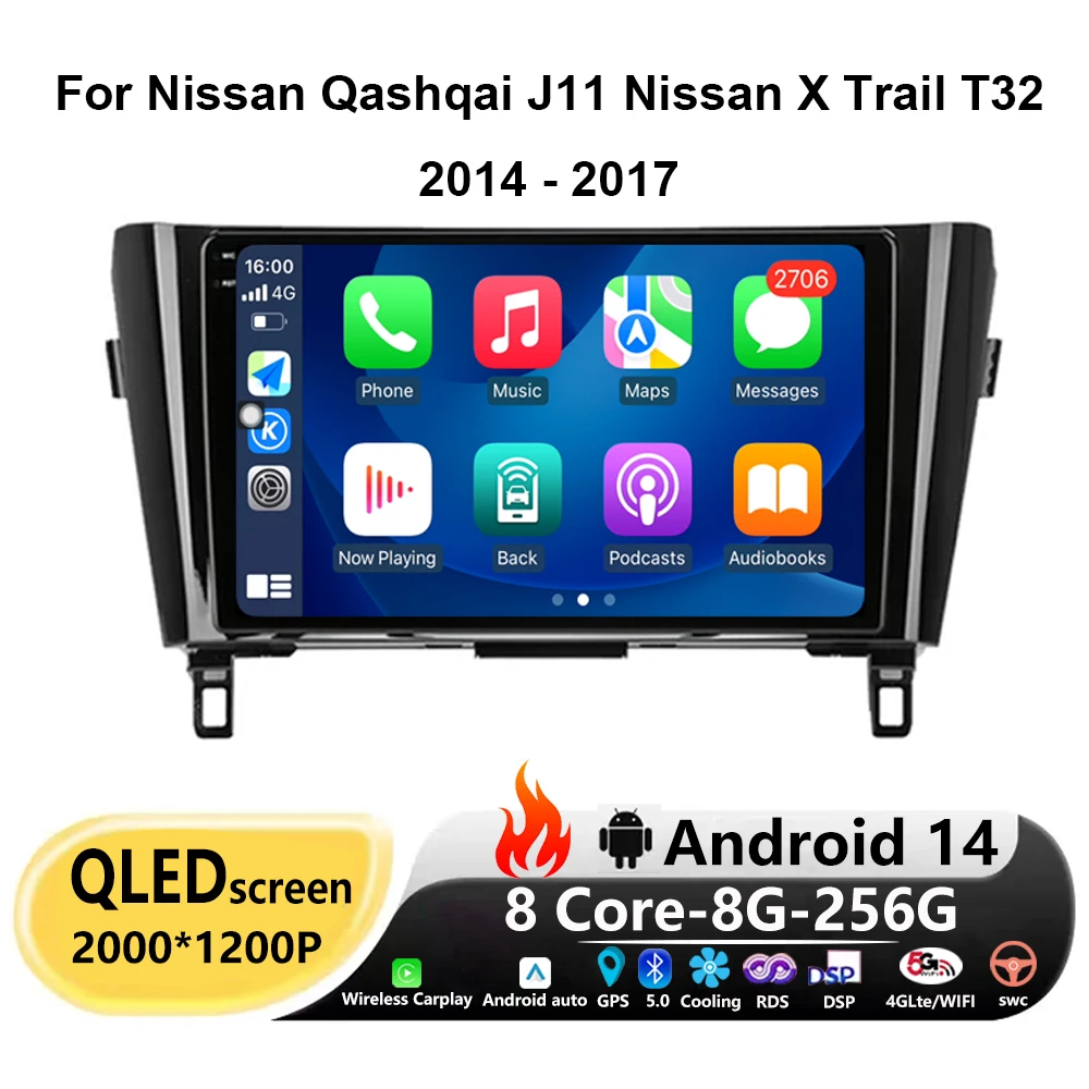 Dla Nissan Qashqai J11 Nissan X Trail T32 2014-2017 Android 14 Stereo Auto Carplay Radio samochodowe Multimedialny odtwarzacz wideo QLED GPS