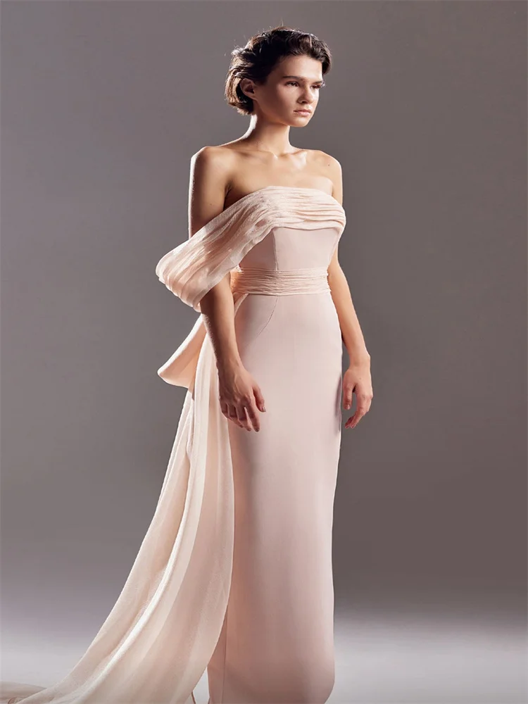 

Customized Off-Shoulder Straight Chiffon Neckline Evening Dress Open Back Zipper With Bow Floor Length Sweep Train Party Gown