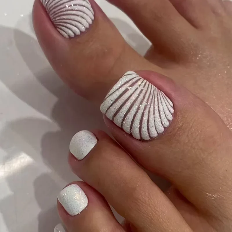 

24 Sparkling White False Toes with White Fine Glitter DesignSquare False ToenailsWomen's WearableFull CoveragePress-On Toenails