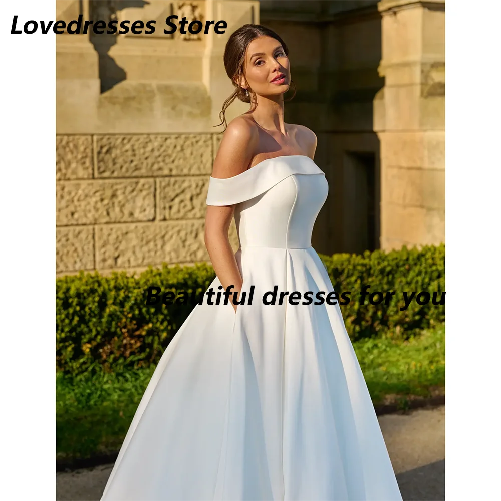 

Modern Off Shoulder Wedding Dress Customized Boat Neck Simple Satin Pleat A Line Vestido De Noiva Bridal Gown 2025