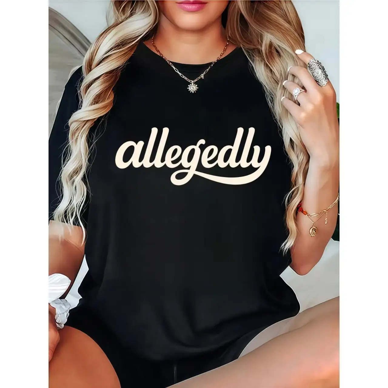 

"Allegedly Letter Print Graphic Tee | Funny Quote T-Shirt for Women | Casual Oversized Black Summer Top"