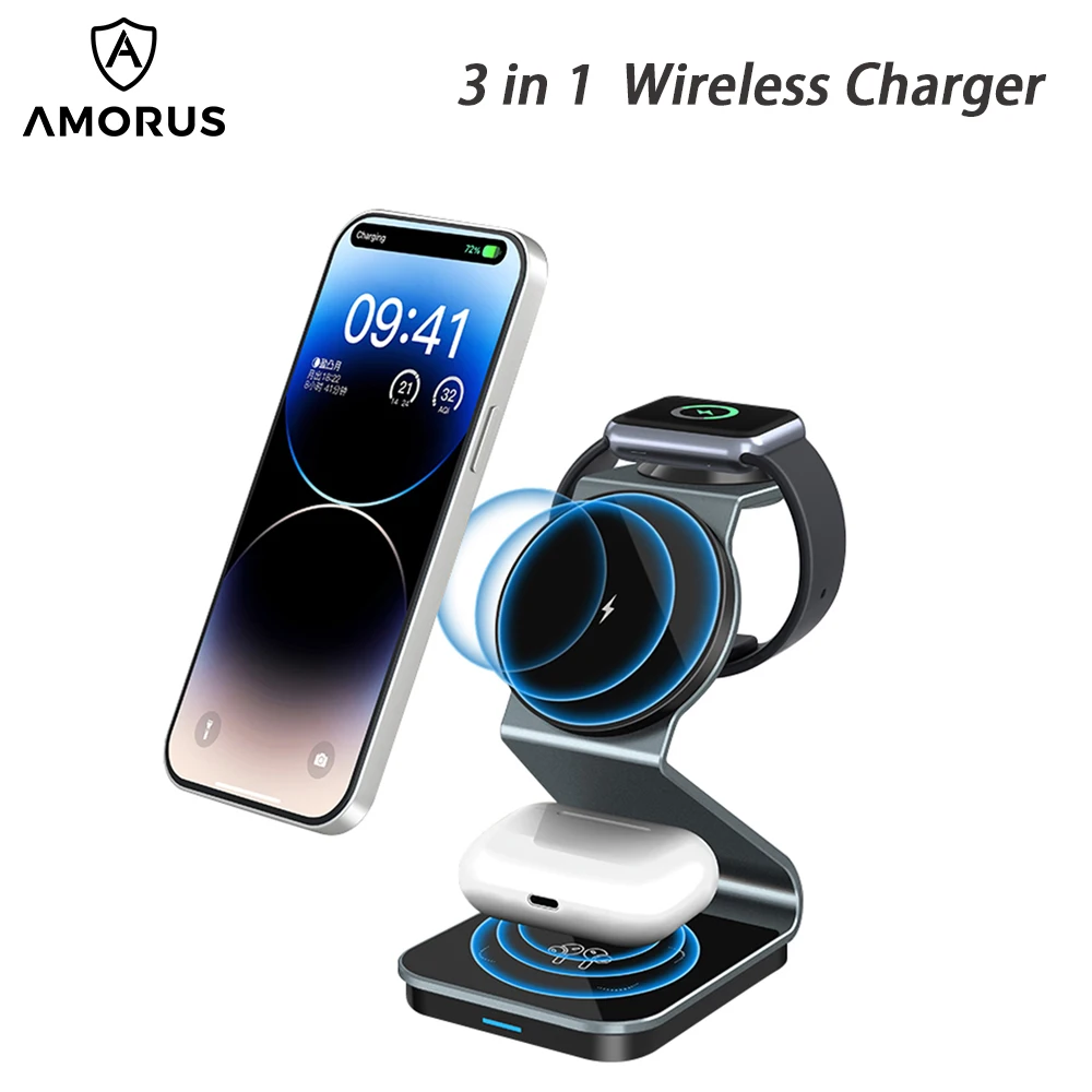 

AMORUS 3 in 1 Magnetic Wireless Charger Z-Shape Metal Charging Station for Phone / Earphone / Watch