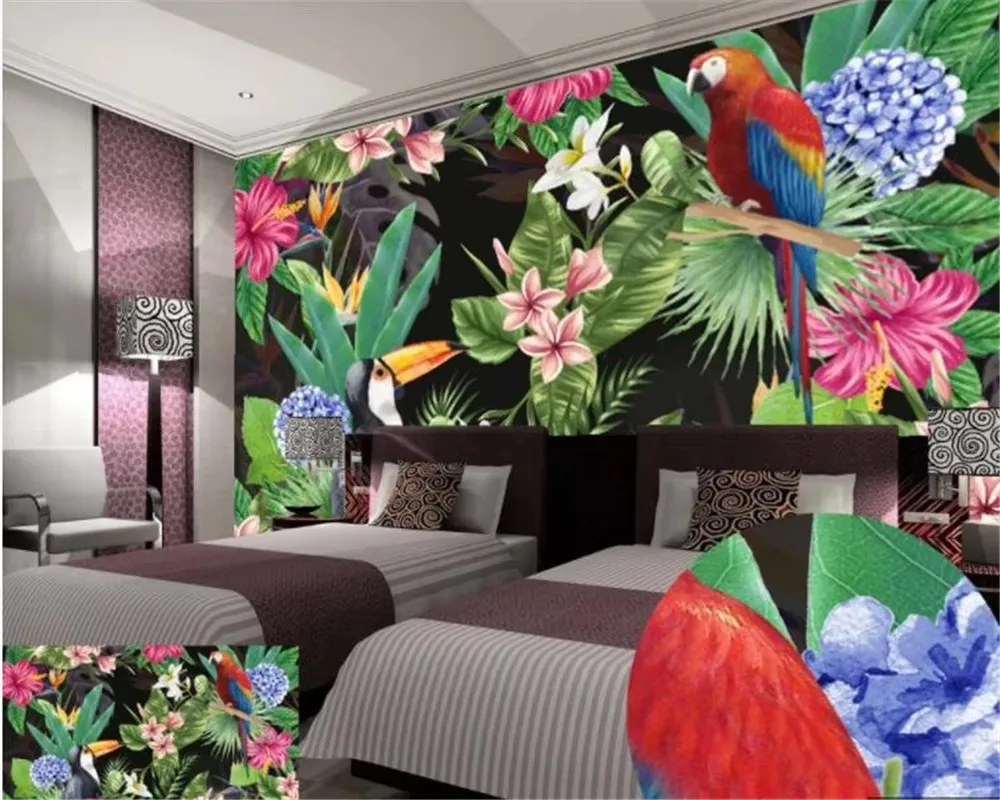 

Custom wallpaper HD Rainforest Parrot Leaves background wall living room bedroom sofa TV mural wallpaper for walls papel tapiz
