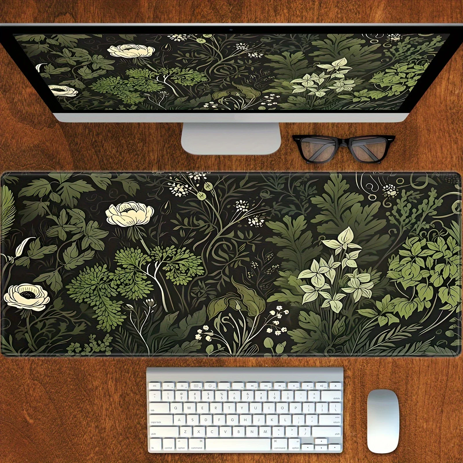 

Botanical Green Floral Plant Mouse Pad Large Desk Pad Non-Slip Gaming accessories Mouse Mat Stitched Edges for Office and Home