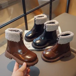 Children New Winter Boots Solid Color Platform Front Zipper Kids Mid-calf Boots Fashion Plush Unisex Boys Girls Cotton Shoes