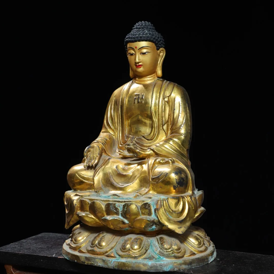 

18"Tibetan Temple Collection Old Bronze Gilded Painted Face Amitabha Shakyamuni Lotus Terrace Sitting Buddha Worship Hall