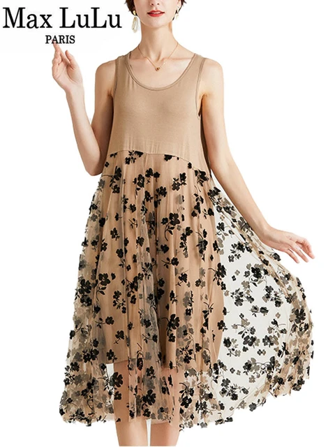 Max Lulu European 2021 Fashion Summer Dress Women Lace Chiffon Tank Dresses Lady Sleeveless Khaki Flowers Mesh Vestidos Big Size Dresses AliExpress
