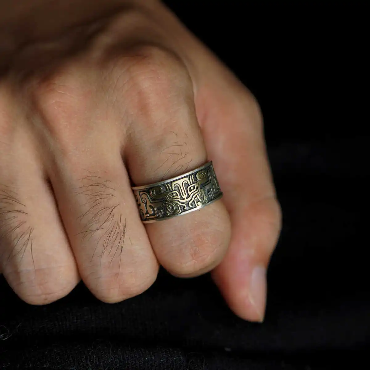 Retro Taotie Chinese Mythology Adjustable Open Ring For Men Punk Gothic Edgy Copper Jewelry Handmade Unisex Accessories Gift