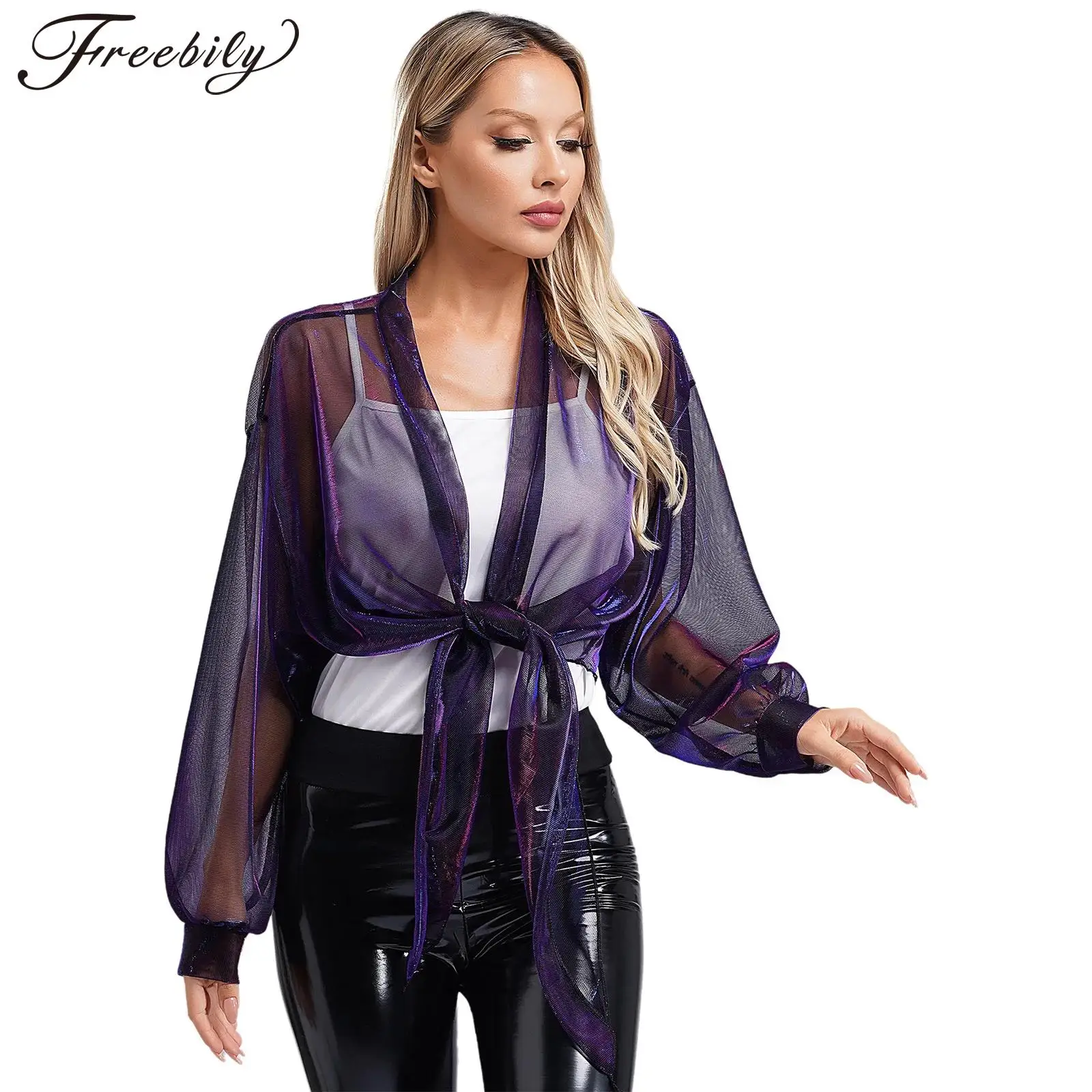 

Women Long Sleeve Shimmering Shrug Shawl Jacket Open Front Lace-up Cardigan See-Through Bridal Wraps Outerwear Dress Accessories