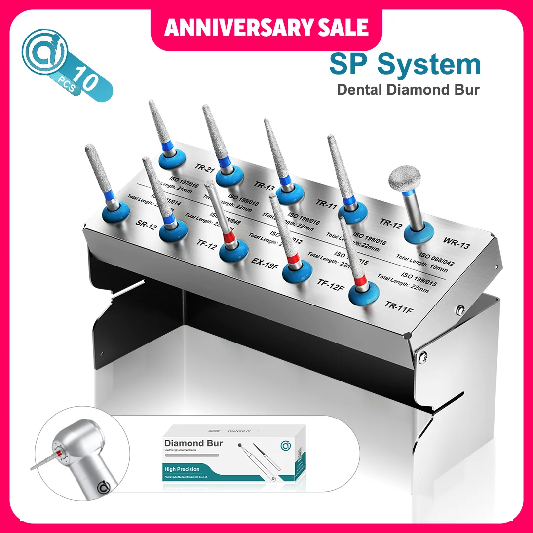

AI-FG-SP Dental Diamond Burs Set 1.6mm Stainless Steel Blue/Red Ring 10 Models High Speed Handpiece Standard Polishing Drills