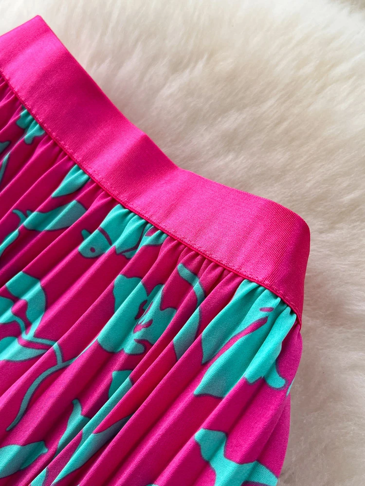 Women Korean Style Skirt Printed High Waist Slimming A-line Pleated Skirt Mid Length Skirt Vacation Style Commuting Faldas SK084