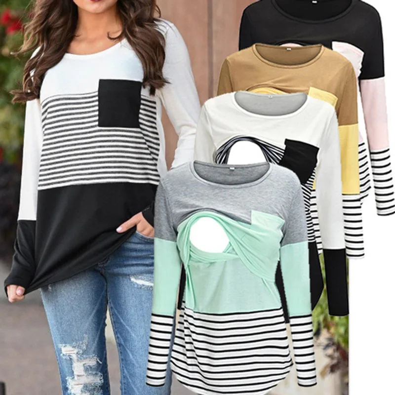 

Autumn Winter Fall Maternity Nursing Tee shirt Fall Striped Pregnant Women Mommy Top Blouse Sweatshirt Breastfeeding Shirt