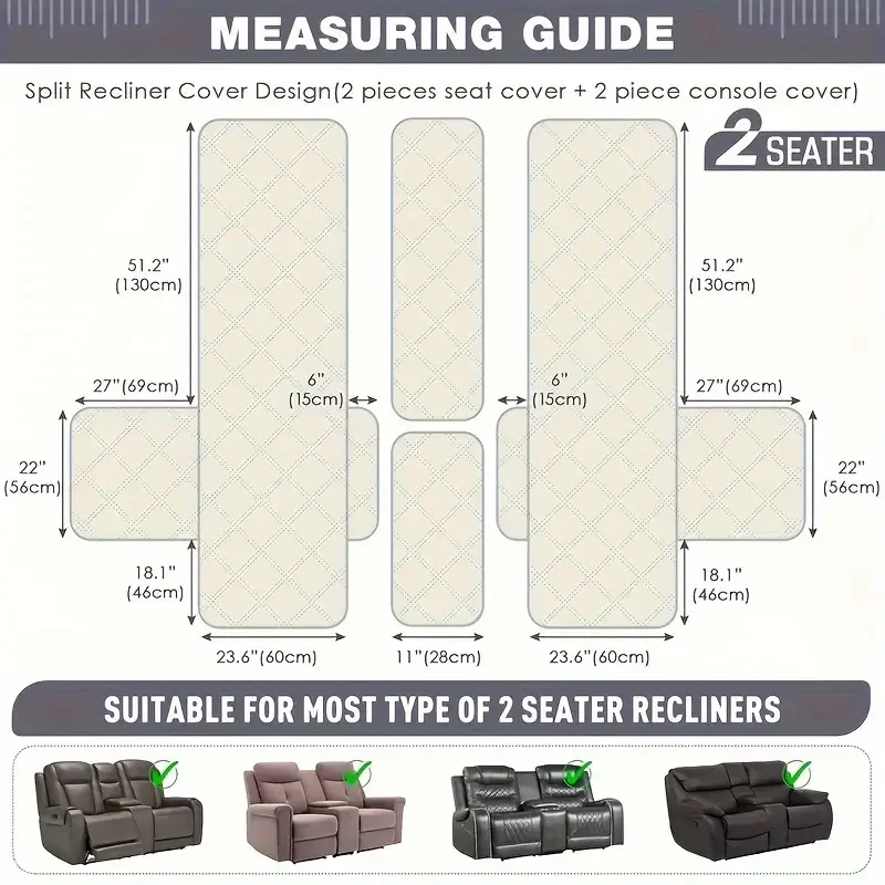 2 Seater Recliner Cover with Side Pocket Elastic Split Relax Armchair Covers Anti-wear Pet Kids Anti-dirty Loveseat Slipcover