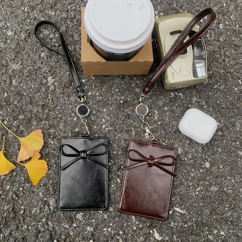 PU Leather Bow Leather Card Holder Retractable Name Tag Work Card Cover Bowknot Scalable Bus ID Holders Bank Credit Card