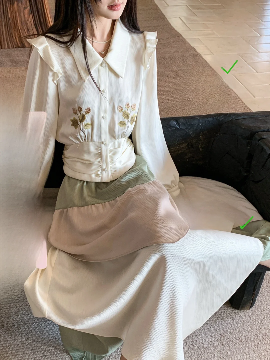 

Elegant Long Sleeve Embroidered Waist-Cinching Shirt Original Forest System Girls Fashion Top Quality Cotton French Cuff