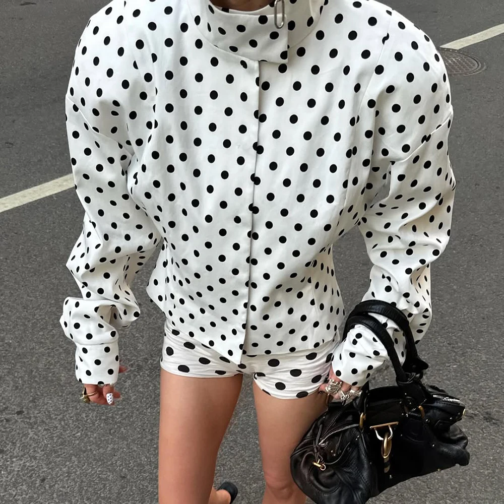 Ticketsx Polka Dots Blazer Women's Stand Collar Long Sleeve Single Breasted Loose Cost Lady Formal Casual Holiday Tailored Coat