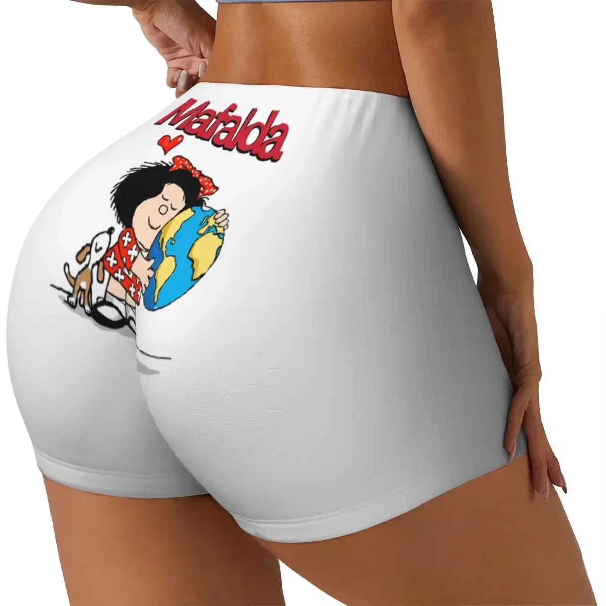 Personalizado mafalda mundo e seu filhote de cachorro treino correndo shorts de vôlei feminino quino comic dos desenhos animados ginásio yoga shorts