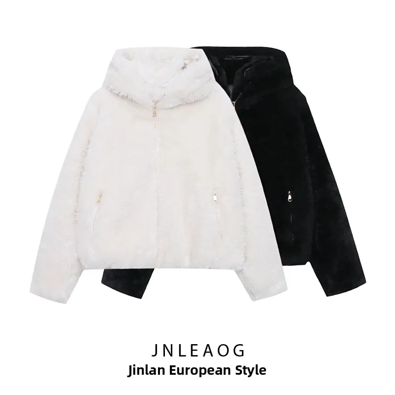 

Fashionable Fluffy Outerwear JNLEAOG Women's Short Coat Versatile Style Autumn New Arrival Polyester Fabric Long Sleeve Zipper