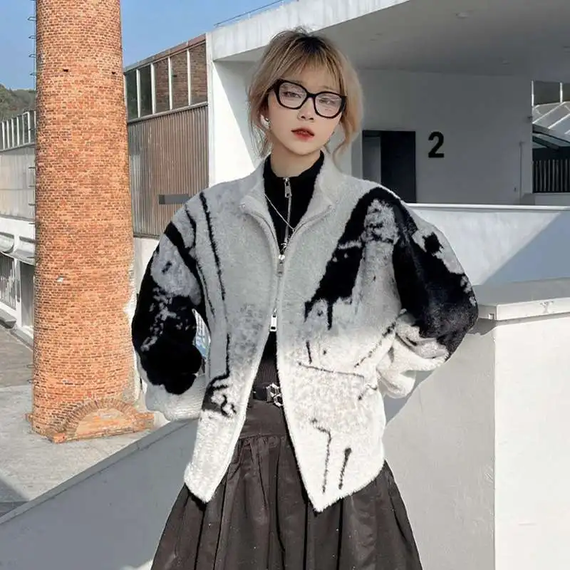 

Women's Double Zipper Knitted Sweater Jacket Autumn Vintage Street Y2k Female Long Sleeved Knitted Vintage Sweater Cardigan
