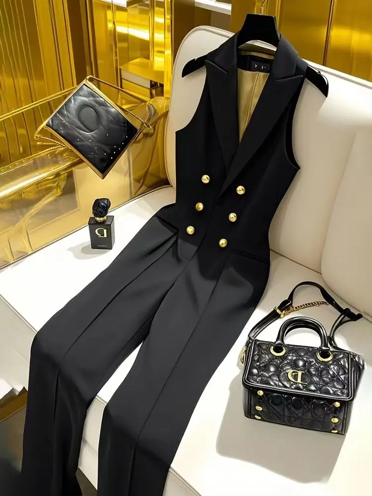 Black V Neck Double Breasted Office Lady Jumpsuits for Women Jumpsuit Sleeveless High Waist Wide Leg Pants Rompers Jumpsuit 2025