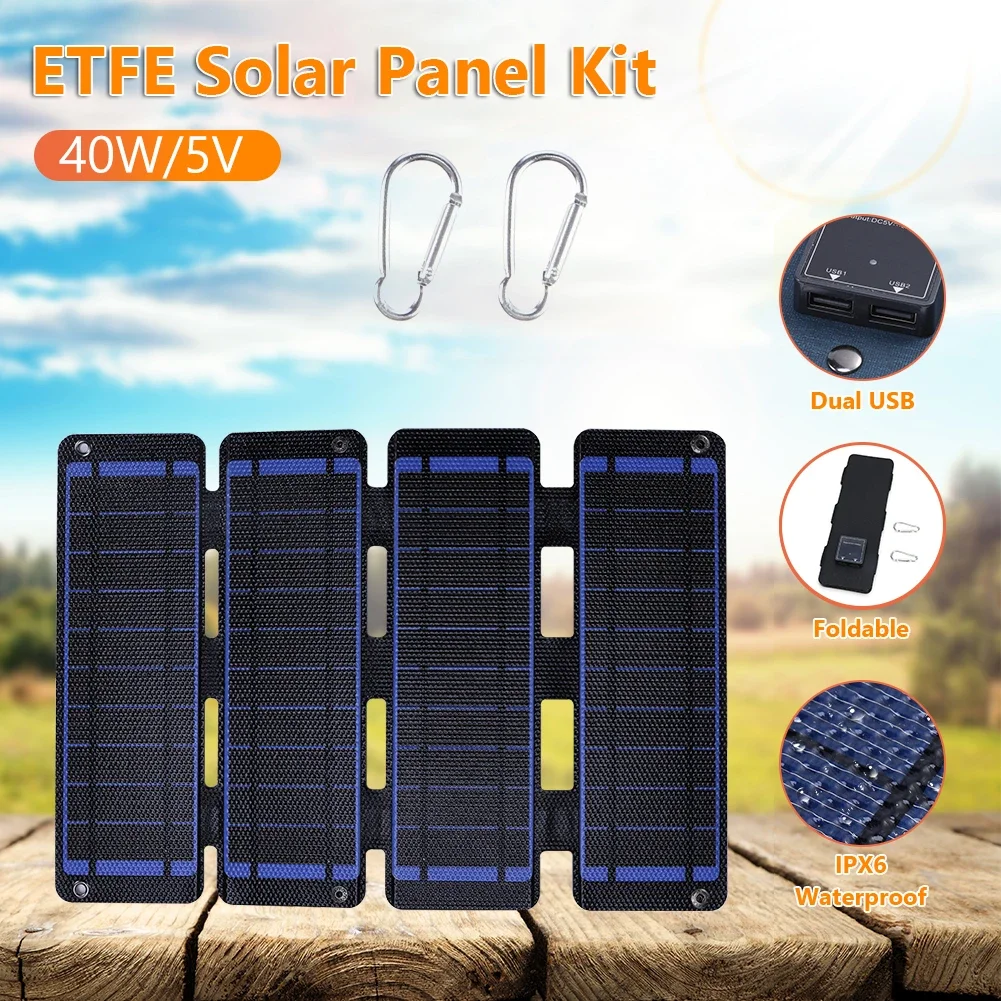 Imagem -04 - Painel Solar Dobrável Impermeável Carregador Solar Portátil Energia Móvel para Acampar Saída Usb Dupla Etfe 5v 50w