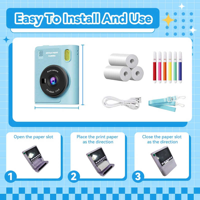 Christmas Gift Kids' Camera 2.4-inch Display 8X Zoom Instant Printing Portable Digital Camera Suitable For Kids Ages 3-12