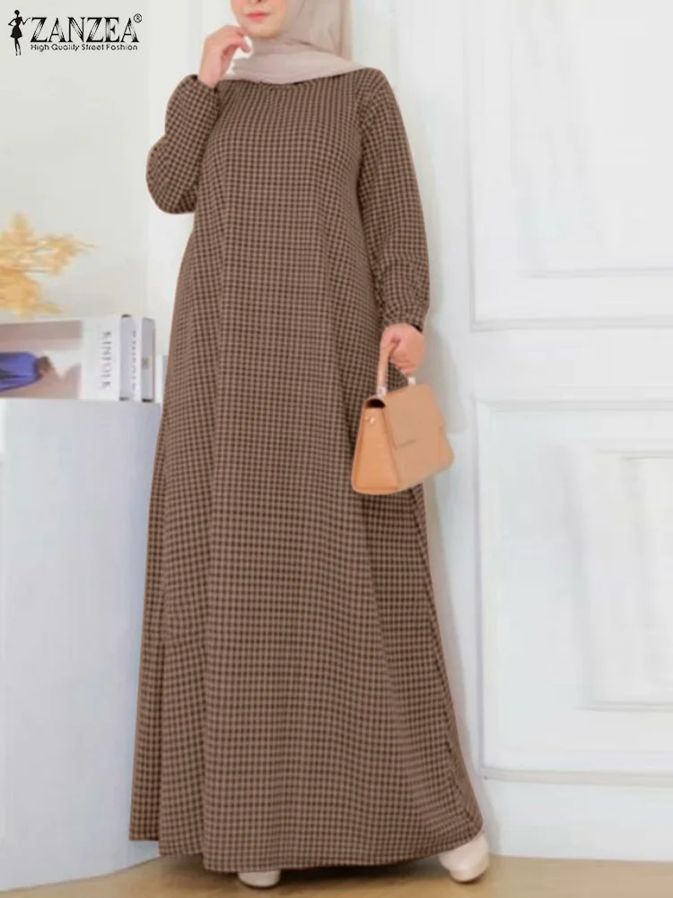 ZANZEA Muslim Fashion Abaya Robe Femme Vintage Checked Maxi Dress Long Sleeve Baggy Sundress Turkey Dubai Vestidos Plaid Kaftan