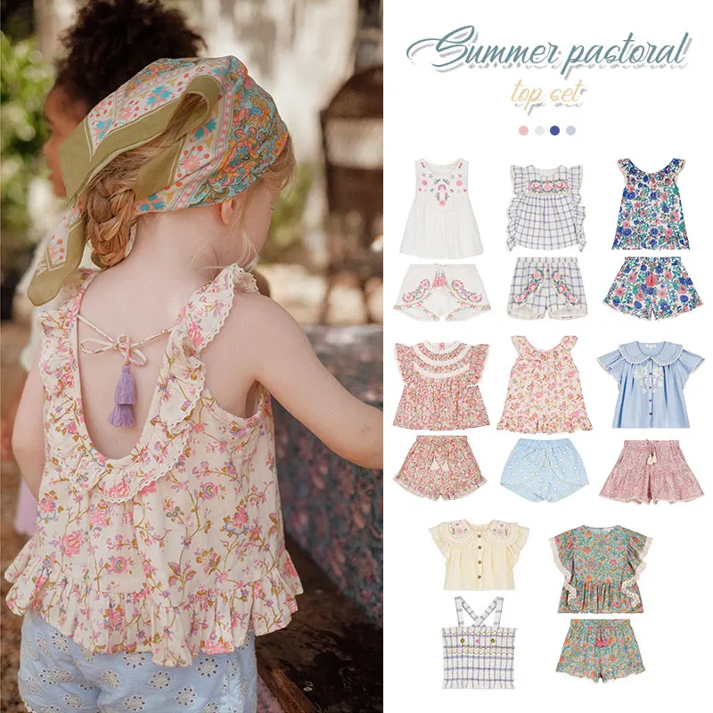 

NEW LM Children's Shirts Shorts one set For 2024 Spring Summer Baby Girls Holiday Sleeveless Floral Top Blouse Shorts Clothings