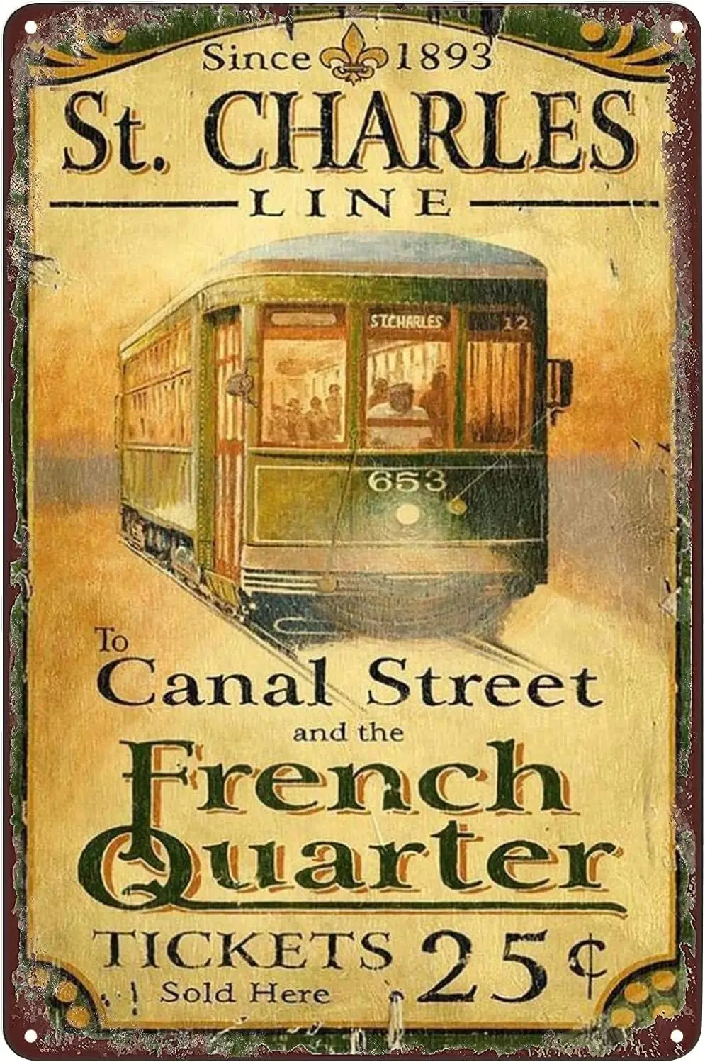 Vintage Metal Tin Sign - New Orleans St Charles Streetcar Poster NOLA Wall Art Plaque Decor for Home Club Bar Cafe  --Tin Sign