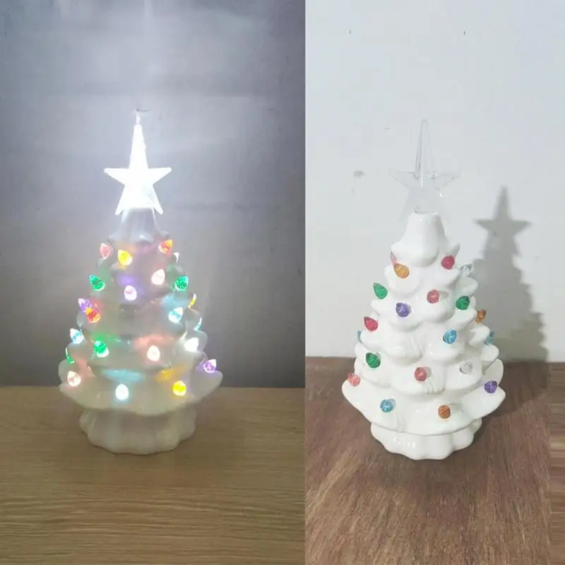 Artificial Ceramic Christmas Tree Light Desktop Xmas Tree Decor Lighting for Living Room with Multicolored Lights and Top Star