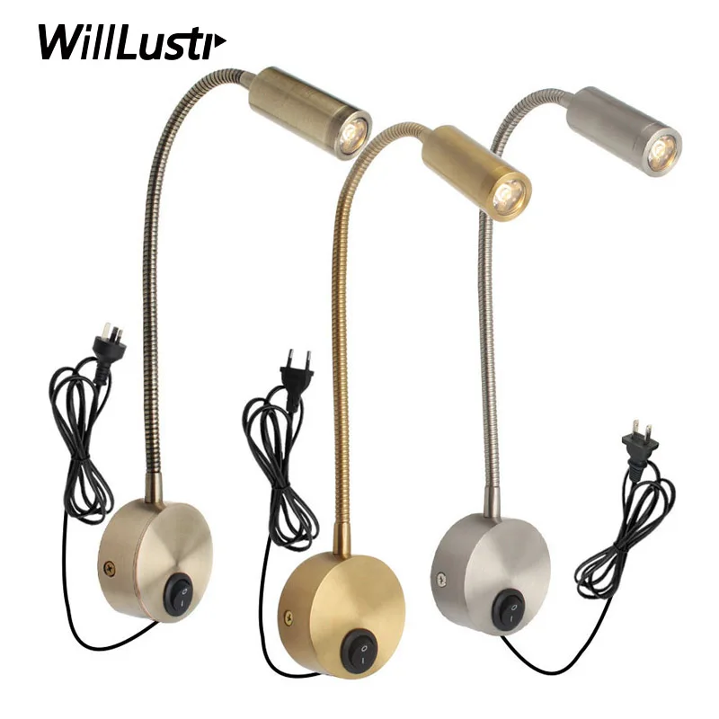 

Modern Aluminum Wall Lamp 3W LED Hose Sconce Hotel Cafe Bar Bedside Aisle Porch Balcony Bedroom Reading Lighting With Plug Cable