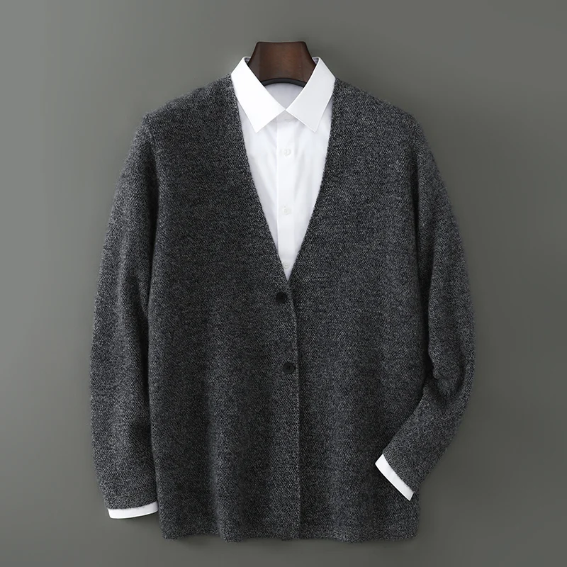 2025 New Products 100% Merino Wool Men's V-neck Knit Cardigan Autumn Winter Solid Color Business Casual Cashmere Jacket Sweater