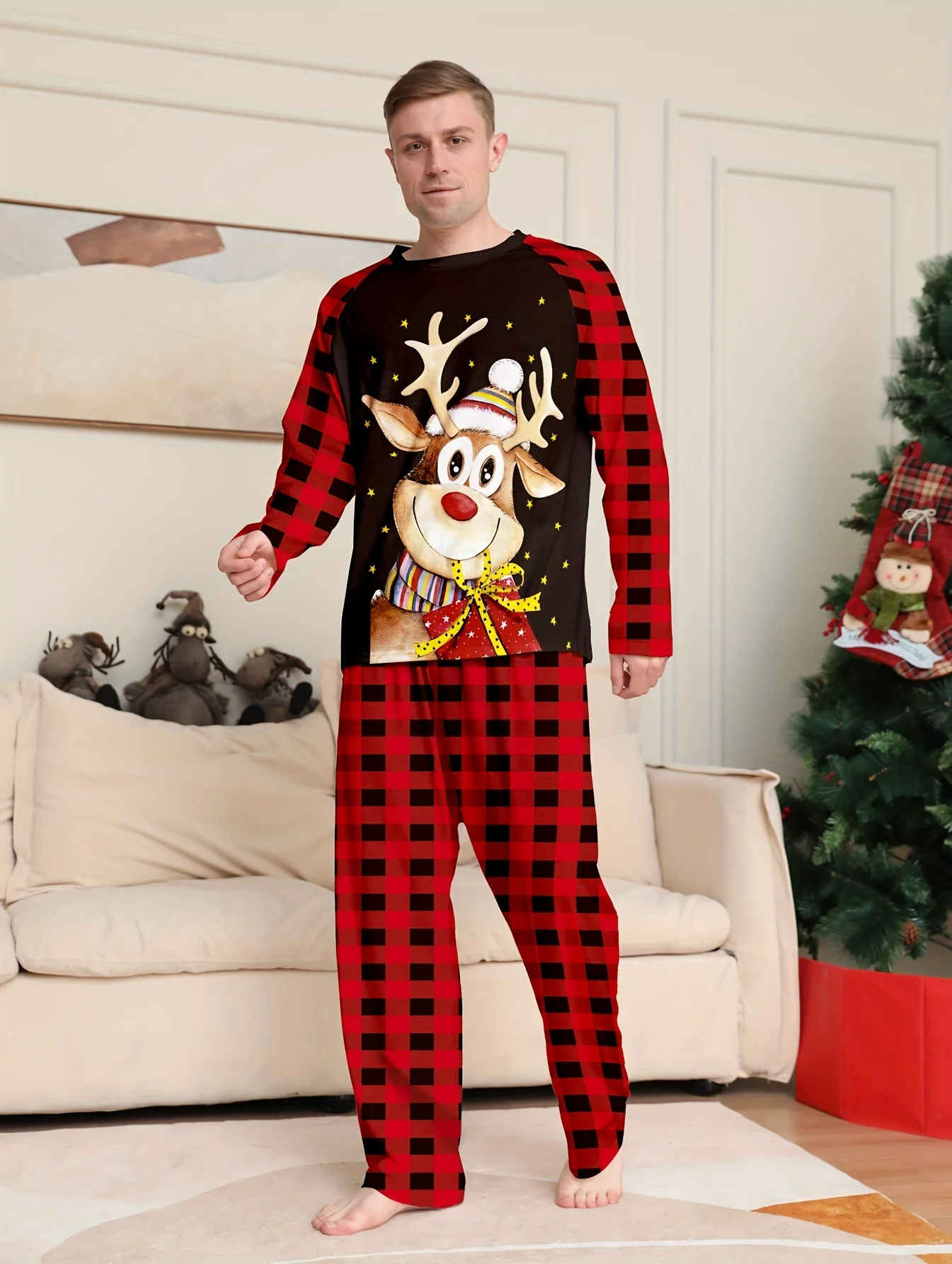 

Men's Casual Christmas Home Pajamas Set, Cute Reindeer Cartoon Comfy Long Sleeve Crew Neck Sweatshirt & Plaid Loose Pants