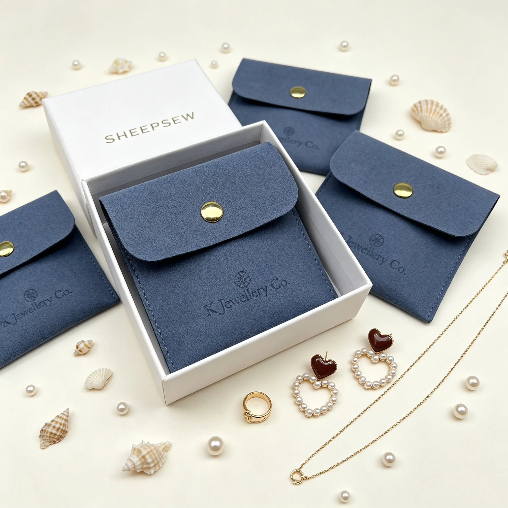 SheepSew Premium Custom Microfiber Suede Button Flap Jewelry Bag With Personal Embossed Logo Wedding Birthday Gift Packaging For